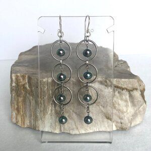 Sterling Silver 925 3" Long Round Triple Tiered Peacock Pearl Dangle Earrings